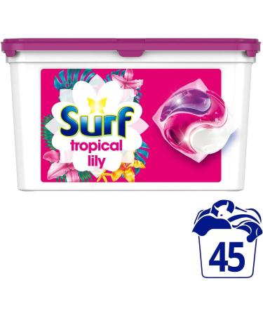 Surf 3-in-1 Tropical Lily Washing Detergent Capsules Brilliant Clean Long Lasting Fragrance and Made with Natural Essential Oil Laundry Detergent XL Pack 45 Washes (Buy 4) - Buy Online on GoSupps.com