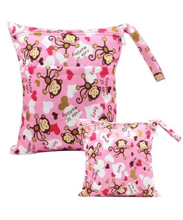 Egurs diaper bag for on the go Wetbag 1 piece large + 1 piece medium MONKEY-pink