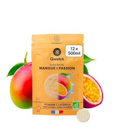 Qwetch SOLID DRINKS BIO 12 Pastilles d'hydratation avec Vitamine C Naturelle Boisson Sans Sucres Sans Calories Saveurs Mangue & Passion Vegan Fabriqu en France