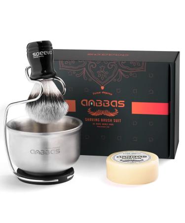 ABBAS Synthetic Dachs Razor brush Set 4in1 Shaving set with stainless steel rasi stand and foam foam shell 3.5oz natural shaving soap puck refill pack for men wet shaving silver