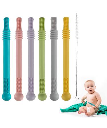 Hollow Teether Tube, 6 Pack Chew Straw Toy for Infant Toddlers Silicone Tubes Teething Toys for Babies 3-12 Months BPA Free/ Freezable/ Dishwasher and Refrigerator Safe