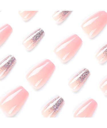 Pink Glitter Short Coffin False Nails - 24pcs Press on Nails with Sequins - Removable Glue-on Full Cover Fake Nails for Women and Girls | Nail Art Accessories 0268Y67 - Buy Online on GoSupps.com