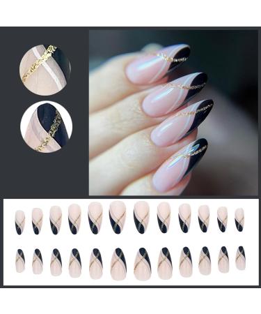 Justotry Gold Glitter Stiletto Nails - 24-Piece Black French Press-On Almond Fake Nails for Women | Beautiful Glitter Art | International Shipping - Buy Online on GoSupps.com