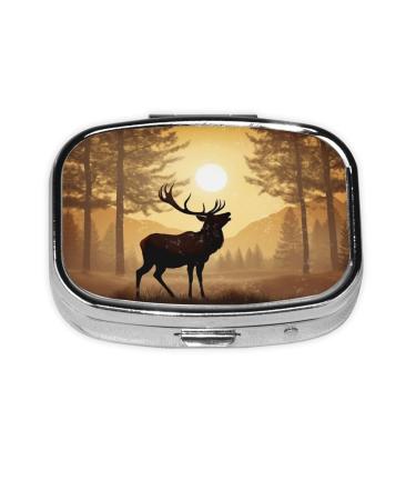 Elk Artwork Printing 2 Compartment Small Pill Case Cute Small Pill Box Purse Pill Boxs Travel Pill Organizer for Pocket Purse and Travel Gifts