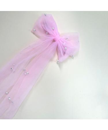 Golden Apple Pearl Bow Hair Clips Bridal Veil Wedding Tulle Big Bow with Clip Bowknot Spring Snap Hair Barrettes for Women (Pink) - Buy Online on GoSupps.com