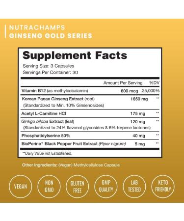 Korean Red Panax Ginseng Gold Double Strength Extract Capsules with Ginkgo Biloba & Vitamin B12 - Energy & Focus Support - Vegan Formula - Buy Online on GoSupps.com