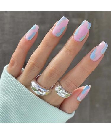 Sethexy French Short Square False Nails Collection Fashion Press on Nails Glossy Fake Nails 24Pcs Acrylic Stick on Nail Tips Aqua Waves