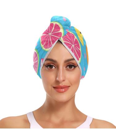 Rainbow Fruit Blue Hair Towel 2 Pack Super Absorbent Hair Drying Towel Quick Dry Hair Turbans Head Towel with Button Twisty Wrap for Women Girls