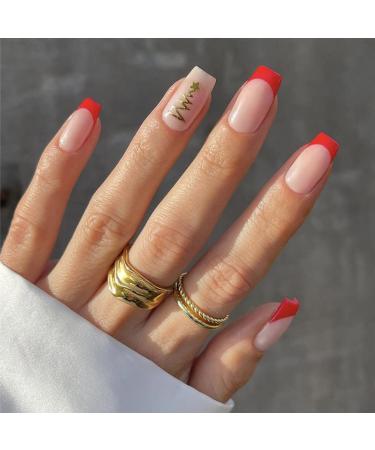 Sethexy Christmas French Short Square False Nails Collection Press on Nails Glossy Fake Nails 24Pcs Acrylic Stick on Nail Tips Festive French