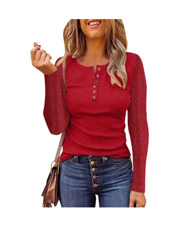 Long Sleeve Shirts for Women, Women's Long Sleeve Tops Dressy V neck Casual Fall Henley Shirts Button Down Blouses T Shirts XX-Large Red