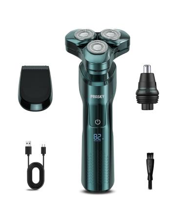 Electric Razor for Men 3-in-1 Face Shaver Rotary LED Display Rechargeable Floating Head Replaceable Blades Portable Travel Beard Trimmer Hair Clippers Kit Green