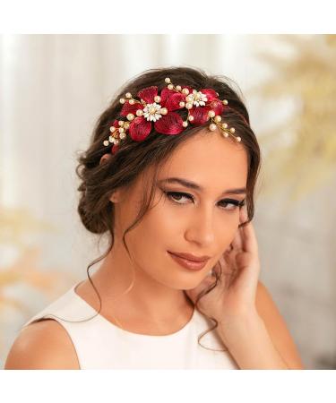 IYOU Flower Wedding Headband Red Pearl Hair Bands Copper Wire Prom Bridal Hair Accessories for Women - Buy Online on GoSupps.com