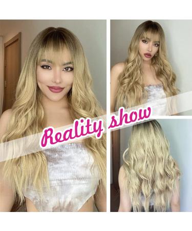 26'' Ombre Blonde Long Wavy Curly Wig with Bangs - Synthetic Protein Fiber Hair Replacement for Women - Ideal for Cosplay, Costume and Halloween - Buy Online on GoSupps.com