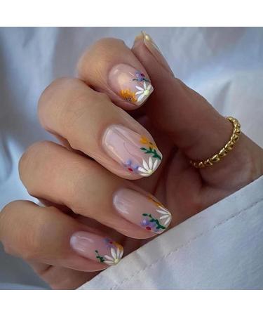 French Tip Press on Nails Short Square Fake Nails Short Simple Flower Almond False Nails with Small Floral Design Daisy Nail Tips for Women&Girls  24PCS