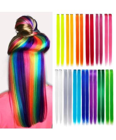 26 Pack Colored Party Highlights Clip in Hair Extensions for Girls 20 inches Multi-colors Straight Hair Synthetic Hairpieces In The Party(13colored) 26Pcs Multi-colored