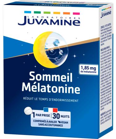 JUVAMINE - Sleep Melatonin - 1.85mg Melatonin - Reduces Sleeping Time - No Addiction - Time Difference - Rest - 1 Month Program - 30 Tablets - Made in France