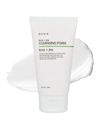 pure:K BHA 1.8% Cleansing Foam - Salicylic Acid Pore Clarifying Face Wash for Oily & Troubled Skin - Deep Cleansing Foam for Blackheads Sebum Control & Exfoliation (3.38 Fl Oz / 100ml)