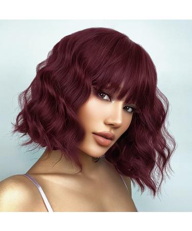 AISI HAIR Red Short Curly Bob Wig with Bangs Burgundy Wine Red Synthetic Wave Bob Wigs Natural Looking Heat Resistant Fiber Hair Wigs for Women (Wine red)