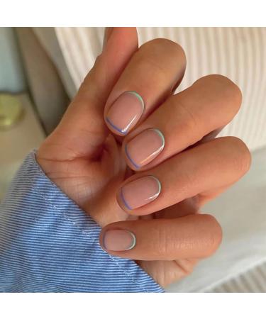 Simple French Blue Green Edge Nail Press on Nails Short Square Glossy False Nail Daily Manicure 24 Pcs 16 - Buy Online on GoSupps.com