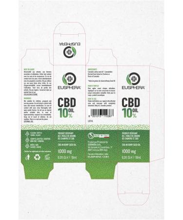 EUSPHERA - Hemp Oil 10% Pure 100% Natural CBD Oil With Omega 3 6 9 and Vitamins Without Coservater Made in EU 300+ Drops 10ml 1000mg - Buy Online on GoSupps.com