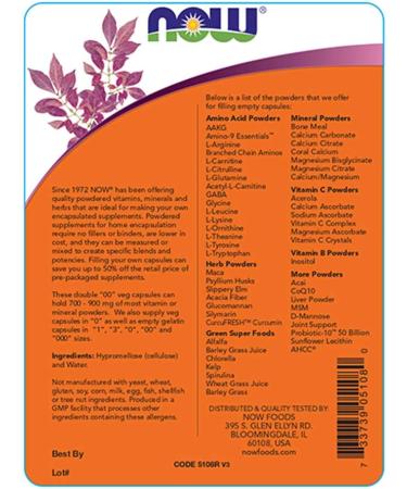 Now Foods Double 00 Veg Capsules - 750 Empty Vegetarian Capsules for Supplements - Buy Online on GoSupps.com