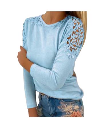 Womens Spring Tops Lace Crochet Long Sleeve Shirts Sexy Hollow Out Cold Shoulder Pullover Dressy Casual Blouses 01e#blue X-Large
