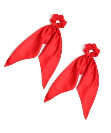 Pack of 2 Knotted Bow Hair Scrunchies Elastic Hair Scarf Black Hair Ties Bands Satin Hair Ribbon Scrunchy Red Ponytail Holder for Women and Girls (Red)