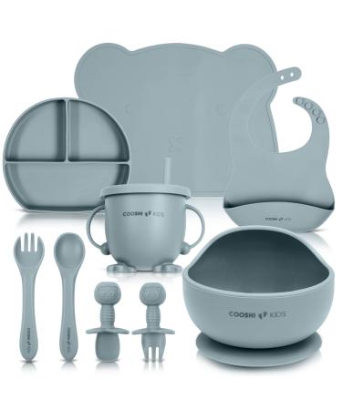 Baby Self Feeding Tableware Set - Divided Suction Plate - Suction Bowl - Sippy Cup - Adjustable Bib - Placemat - Weaning Fork + Spoon + Kids Spoon + Fork Set - Cooshi Kids 9 Piece (Blue)