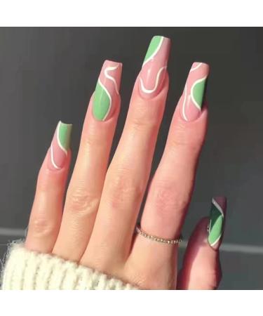 Justotry 24 pieces ballarina press on nails short white swirl and green fingernails to stick on acrylic nails to stick fake nails artificial nails short for women nails art green & white swirl