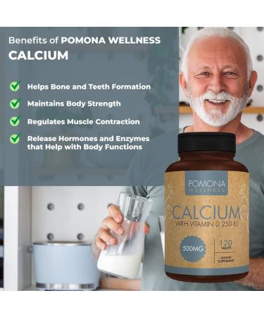 Pomona Wellness Calcium + Vitamin D Daily Supplement | Bone & Teeth Health | Immune Support | 500mg Calcium & 250 IU D3 | Non-GMO | 120 Tablets - Buy Online on GoSupps.com
