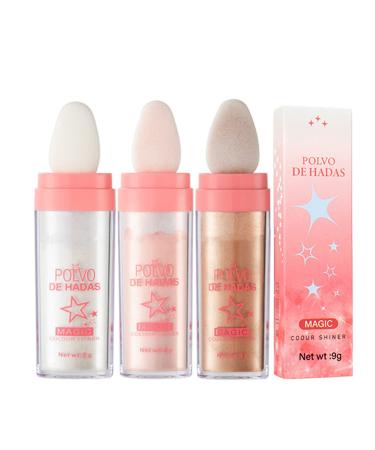 3PC Polvo De Hadas Shimmer Face and Body Highlighter Powder Stick Makeup Natural Three-dimensional Face Powder Blusher High Gloss Fairy Glitter Sparkle Patting Powder Brighten Face Eyes Lips Hair Body Glow (White+pink+go...