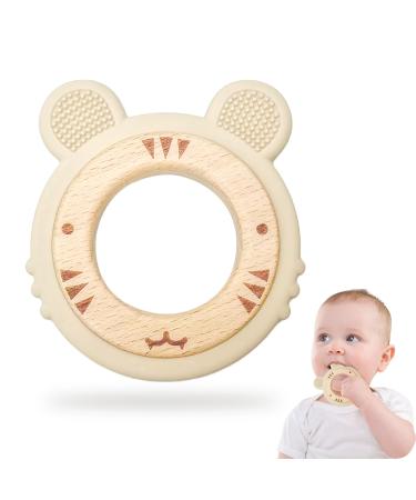 Natural biting ring made of wood and tiger silicone accommodation and gripping toy baby toy bite ring as a gift for birth-wooden toys sustainable bisphenol A (BPA) free