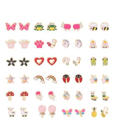 24Pairs Clip-on Earrings Animals Heart Flowers Mushroom Earrings Ladies Mixed Color Painless Non-perforated Earrings Set