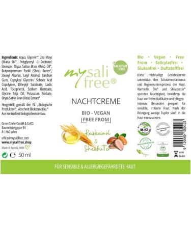  mysalifree Organic Night Cream - Rich Moisturizing Care for Sensitive Skin - With Rice Germ Oil & Shea Butter - 50ml - 100% Certified Organic Cosmetics - Unique in the World - BIO+ - Buy Online on GoSupps.com