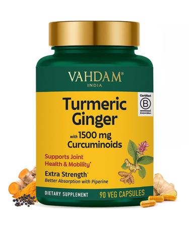 VAHDAM Extra Strength Turmeric Ginger Supplement with 1500mg Curcuminoids per Serving | Added Piperine for Better Absorption | Supports Joint Health and Mobility | 90 Veg Capsules