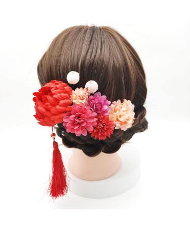 Japanese Kimono Hair Clips - Chiffon Flower Hairpins with Tassel | 9-Piece Set of Women's Hair Accessories for Weddings & Photo Props - Yellow - Buy Online on GoSupps.com