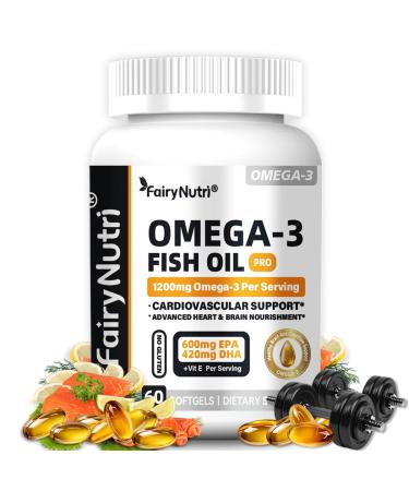 Omega-3 Fish Oil PRO - 1200mg High Potency Triglyceride Form 600mg EPA 420mg DHA with Vitamin E Burpless NSF Certified 60 Softgels for Heart Brain Joint Health