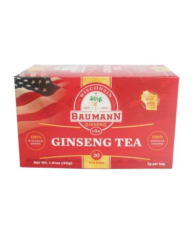 Baumann Premium American Ginseng Tea Bags (20 Tea Bags) - Authentic Panax Wisconsin Grown Panax Ginseng Herbal Tea - Healthy Green Tea with Antioxidant Ginsenosides for Enhanced Focus & Energy