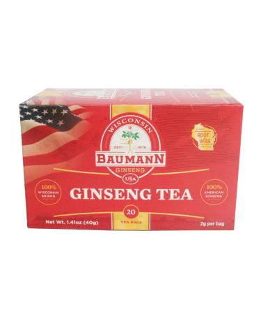 Baumann Premium American Ginseng Tea Bags (20 Tea Bags) - Authentic Panax Wisconsin Grown Panax Ginseng Herbal Tea - Healthy Green Tea with Antioxidant Ginsenosides for Enhanced Focus & Energy - Buy Online on GoSupps.com