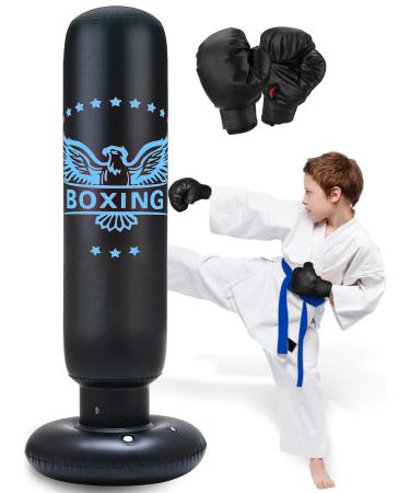Inflatable Punching Bag for Kids 63 inch Freestanding Boxing Punching Bag for Kids with Gloves, Punching Bag with Stand Adult Bounce Back Boxing Bag for Practicing Karate, Taekwondo, MMA(with Gloves) Blue