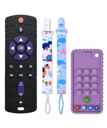 Teething Toys for Baby 2 Pack gtivaa TV Remote Control Shape Teether Toy Mobile Phone Silicone Chew Toys Toddlers 6-24 Months Relief Soothe Sensory Gums Set Gift Boys Girls BPA Free(Black+Purple)