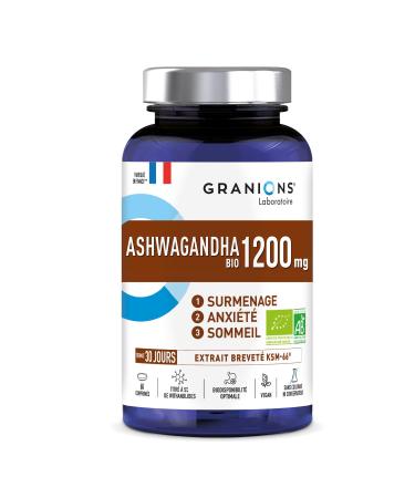 Ashwagandha Organic 1200 MG GRANIONS 30 Days Ashwagandha KSM-66 + 5% Withanolides Ashwagandha Organic Anti-Stress Adult Anxiety Adult Sleep Immunity Vegan 60 Tablets Made in France