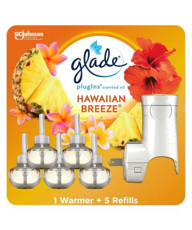 Glade PlugIns Refills Air Freshener Starter Kit, Scented and Essential Oils for Home and Bathroom, Hawaiian Breeze 3.35 Fl Oz, 1 Warmer + 5 Refills