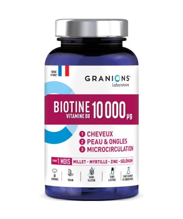 Biotin 10 000 g GRANIONS Food Supplement Hair Skin Nails - Vitamin B5 Biotin Millet Cystine Blueberry Zinc Selenium Methionine - Vegan Gluten Free 60 Tablets Made in France