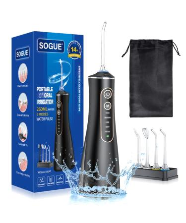 SOGUE Water Flossers for Teeth Cordless Powerful Dental Water Flosser with 4 Jet Tips Rechargeable Oral Irrigator IPX7 Waterproof with 5 Modes Portable 260ML Water Tank for Travel & Home Use X6-black