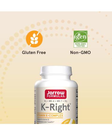 Jarrow Formulas K-Right - Vitamin K-Complex (K1 MK-4 MK-7 D3) - 60 Servings (Softgels) - Dietary Supplement for Bone & Cardiovascular Health Support - Vitamin K2 MK-7 - Gluten Free Pack of 12 - Buy Online on GoSupps.com
