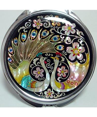 Mother of Pearl Peacock Pair and Flower Design Double Compact Magnifying Purse Mirror - Buy Online on GoSupps.com