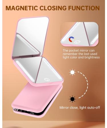 Gospire Mini Rechargeable Travel Makeup Mirror with Lights | 1X/3X Magnification | LED Compact Mirror with 3 Light Colors & Adjustable Brightness | Small Handheld Vanity Mirror for Purses | Pink - Buy Online on GoSupps.com