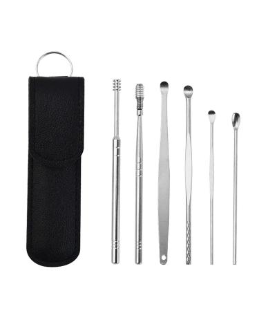 6 PCS Ear Wax Removal Kit Ear Cleansing Tool Set High Grade Stainless Steel Ear Pick Earwax Removal Kit Ear Curette Ear Wax Remover Tool with Artificial Leather Storage Bag Black
