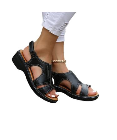 LELEBEAR Sadanar Sandals Women's Orthopedic Open Toe Sandals Leather Orthopedic Arch Support Sandals Diabetic Walking Sandals 7 Black